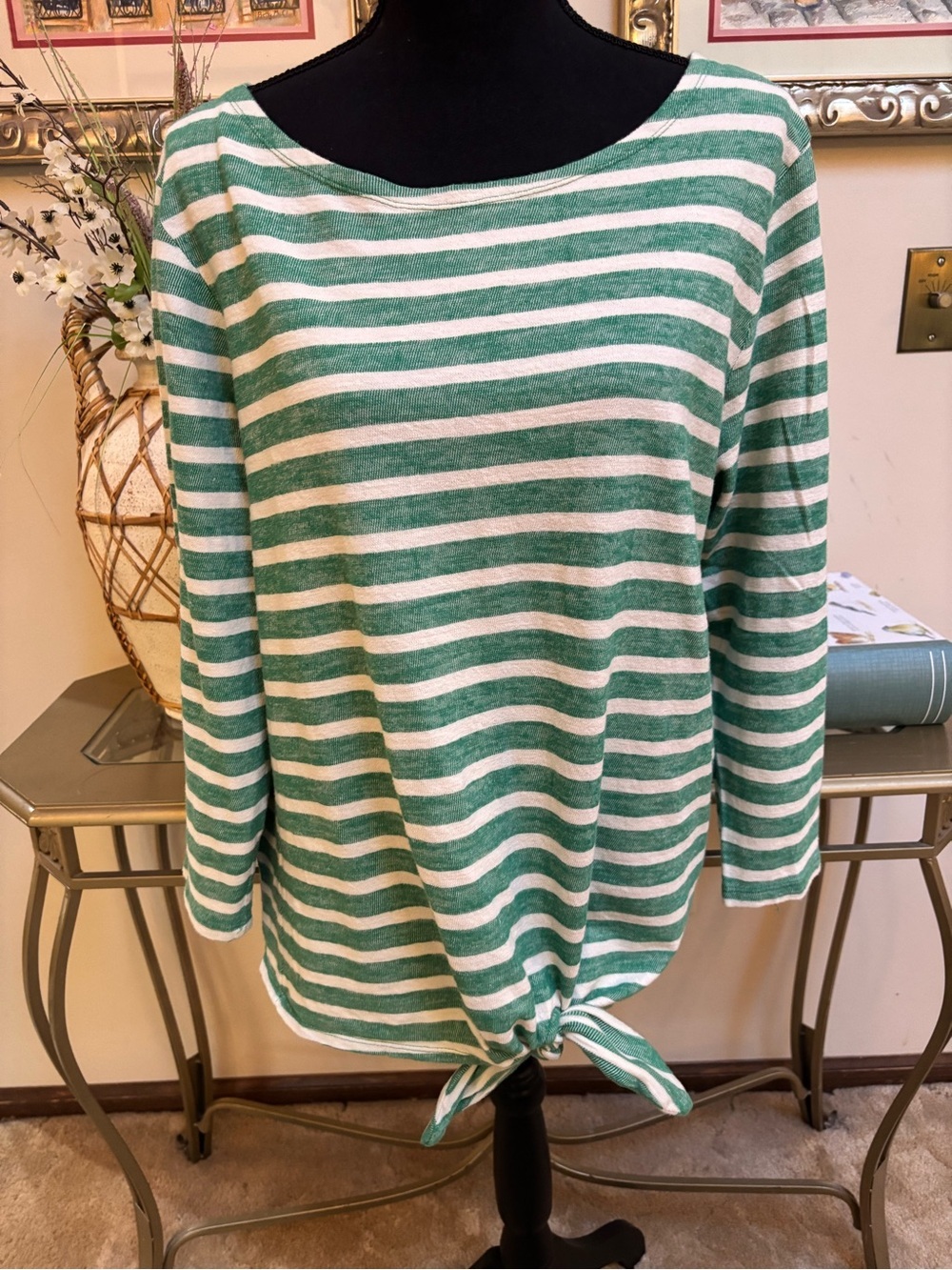 Old Navy Cotton Green & White Striped Tie-Front  Relaxed Fit Mariner Top Size XL - Picture 2 of 8